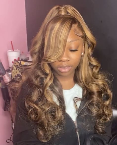 Birthday Hairstyles Real Hair, Highlight Wig Updo, Brown And Blonde Balayage Black Women, Wigs For Homecoming, Brown Wigs Black Women Side Part, Half Up Half Down Highlights Wig, Light Brown Lace Front Wigs Black Women, Prom Quick Weave, Brown Half Up Half Down Hair Black Women