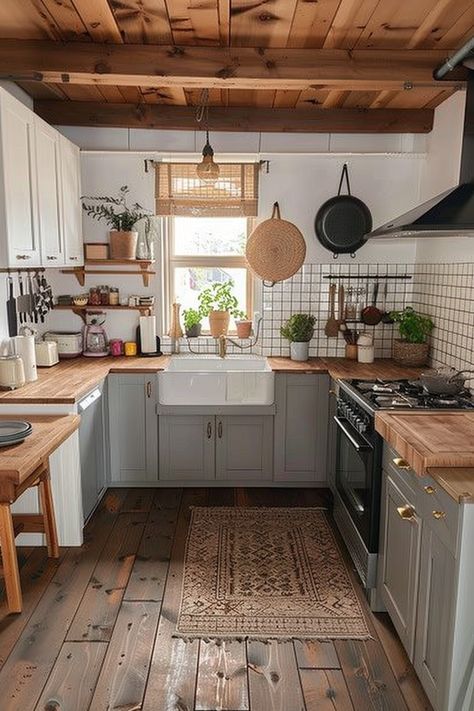 Achieve a stylish tiny cottage kitchen with designs that blend retro charm and modern elegance. 🌿🏠 Western Cottage Aesthetic, Tiny Country Kitchen, Cozy Vintage Kitchen, Kitchen With Low Windows, Cottage Core Home Aesthetic, Old Kitchen Renovation, Cozy Small Kitchen, Vintage Home Interior Design, Tiny Cottage Interior