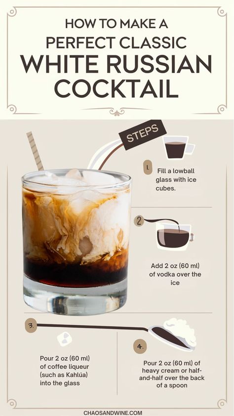 Step-by-step guide to make a classic White Russian cocktail with vodka, Kahlúa, and cream. This creamy, indulgent cocktail is perfect for coffee lovers and fans of easy alcoholic drinks. Learn how to mix this white russian recipe with kahlua in just a few minutes! Follow the simple instructions for a perfectly layered creamy liquor drink. Great for anyone looking for popular Russian cocktails or classic vodka cocktails! White Russian With Baileys, White Russian Shots, Dry Gin Recipes Drinks, White Russian Recipe Kahlua, Kaluha Recipes Drinks Cocktails, White Wine Cocktail Recipes, Kalua Drinks, Easy Cocktail Recipes 3 Ingredients, Adonis Cocktail