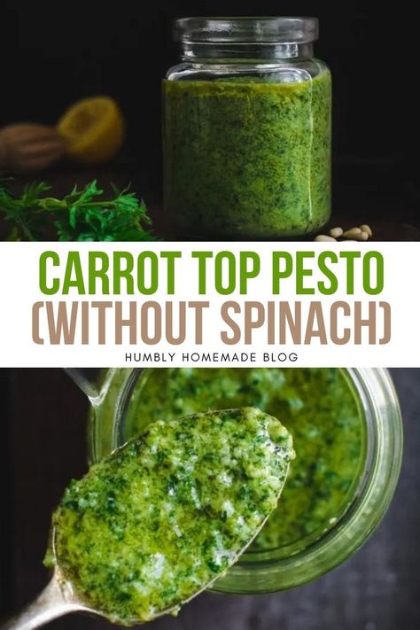 Carrot top pesto in a jar Canning Pesto, Pizza Eggs, Carrot Top Pesto, Green Pesto, Carrot Greens, Carrot Top, Pasta Pizza, Easy Snack Recipes, Pesto Recipe