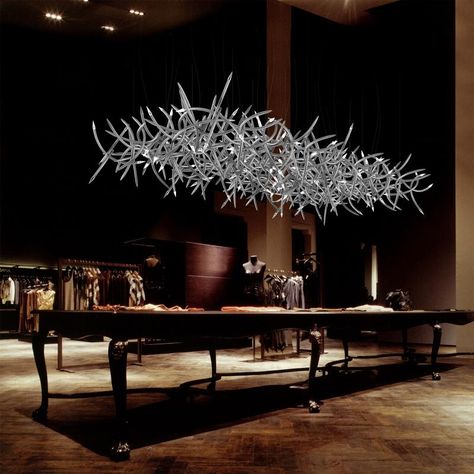 Each antler is made of hand-welded steel fitted with a small glass crystal. Blitz Design, Goat Design, Modern Lighting Chandeliers, Unique Light Fixtures, Suspended Lighting, Contemporary Chandelier, Chandelier Design, Design Light, Luxury Lighting