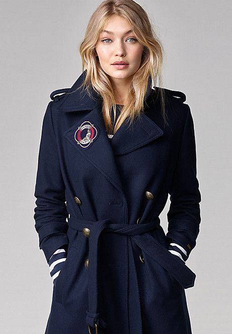 Long Military Wool Coat Gigi Hadid Gigi Hadid Tommy, Advertisement Inspiration, Gigi Hadid Tommy Hilfiger, Hilfiger Outfits, Gigi Tommy Hilfiger, Alana Hadid, Fashion Uniform, Spring Coats, Gigi Style