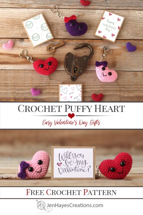 Collage images of the Crochet Puffy Heart Keychains with various Valentine cards. Text overlay, "Crochet Puffy Heart, Easy Valentine's Day Gifts, Free Crochet Pattern, JenHayesCreations.com." Valentines Day Package, Valentine Crochet, Amigurumi Projects, Crochet Valentines, Friends Crochet, Crochet Keychains, Crochet Valentine, Crocheted Animals, Crochet Hearts