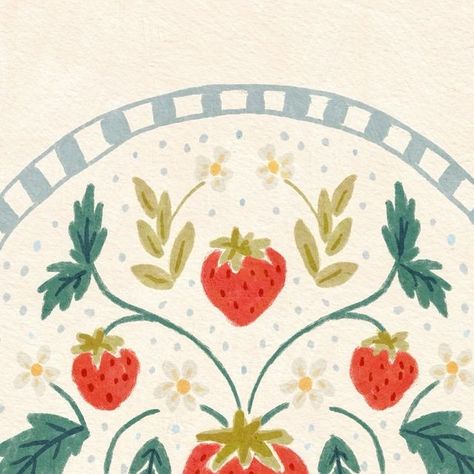 Folk Art Strawberries, Strawberry Art Print, Strawberry Art Aesthetic, Paint Strawberries, Cute Fruit Illustration, Folk Art Border, Folk Art Aesthetic, Painted Flower Pattern, Berries Art