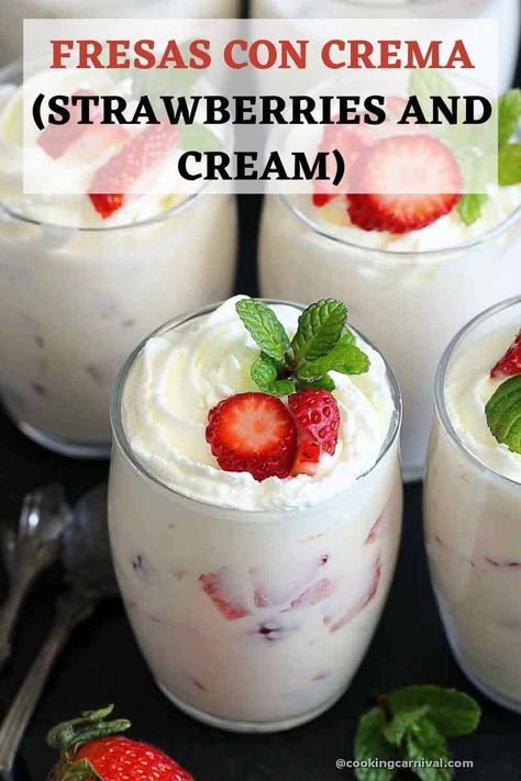 Strawberries and Cream, also known as Fresas con Crema, is the easiest no-bake Mexican dessert you’ll ever make! It tastes great and looks fancy. It’s so simple to make and requires only 5 ingredients. This dessert is a perfect recipe to make for upcoming Valentine’s Day. Why just Valentine’s Day, this dessert is perfect for Gameday, summer parties, or any gatherings! #strawberriesandcream #FresasconCrema #mexican #dessert #party Strawberries And Cream Recipe, Crema Recipe, Mexican Desserts, Apple Cream, Jar Recipes, Eggless Desserts, Mexican Dessert Recipes, Make Ahead Desserts, Dessert Party