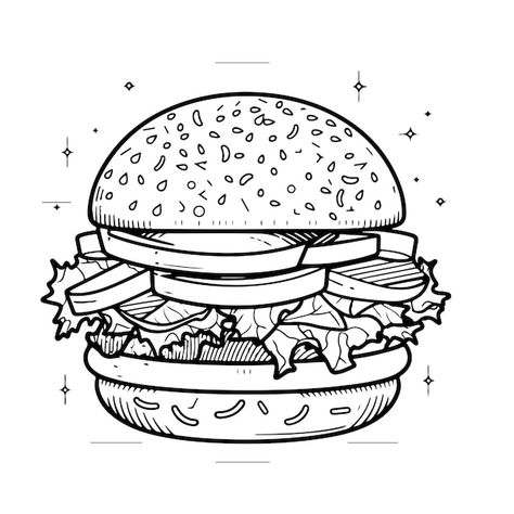 Sketch hand drawn single line art colori... | Premium Vector #Freepik #vector #cheeseburger #food-burger #hamburger #hamburger-burgers Burger Line Drawing, Burger Sketch, Food Line Art, Hamburger Drawing, Burger Drawing, Burger Art, Burger Vector, Line Art Coloring, Single Line Art