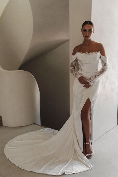 Designer - Alena Leena Wedding Dresses Alena Leena Bridal, Sleek Wedding Dress, Justin Alexander Signature, Wedding Dress Low Back, Simple Satin, Rembo Styling, Chic Wedding Dresses, Lace Wedding Gown, Lace Wedding Dress With Sleeves