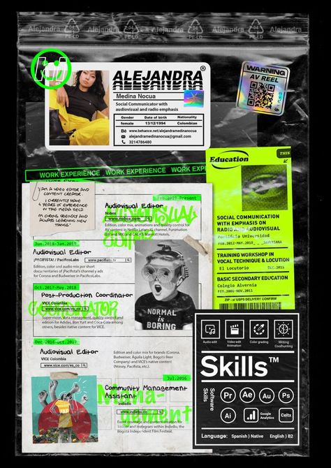 Grunge Portfolio Design, Punk Layout Design, Graphic Design Resume Creative, Cyberpunk Layout Design, Cyberpunk Magazine Layout, Director Portfolio, Creative Cvs, Cv Original, Forest Logo