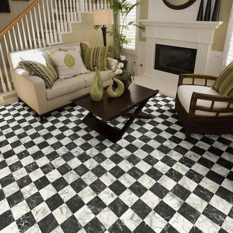 Floor Tile Black, Vinyl Flooring Sheet, Small Bathroom Inspiration, Black Floor Tiles, Marble Vinyl, Luxury Vinyl Tile Flooring, Vinyl Tile Flooring, Luxury Flooring, Black And White Tiles