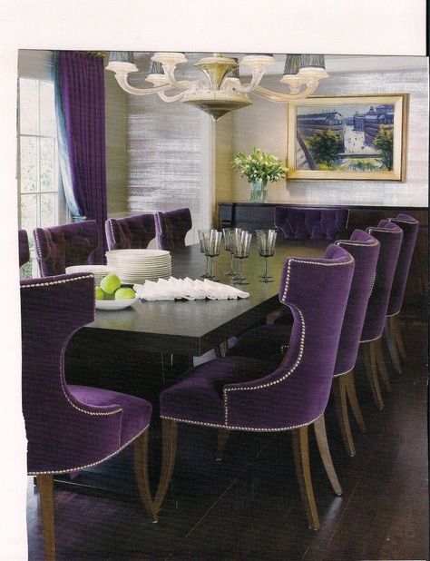 Purple Velvet Chair, Violet Decor, Purple Dining, Velvet Dining Room, Purple Dining Room, Purple Dining Chairs, Velvet Dining Room Chairs, Dining Chairs Uk, Dining Room Wall Color