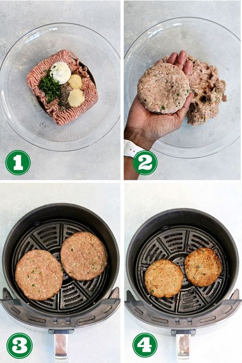 Juicy Air Fryer Turkey Burgers - The Foodie Physician Airfryer Turkey Burger, Ground Turkey Burgers Air Fryer, Air Fryer Turkey Patties, Air Fry Turkey Burger, Meal Prep Turkey Burgers, Ground Turkey Recipes Air Fryer, Ground Turkey Air Fryer Recipes, Turkey Burger Recipes Air Fryer, Chicken Burgers In Air Fryer