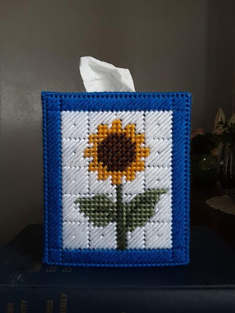 Sunflower Tissue Box Cover - Etsy Canada Plastic Canvas Sunflower Patterns Free, Plastic Canvas Tissue Box Covers, Plastic Canvas Box Patterns, Canvas Ornaments, Kleenex Box Cover, Tissue Cover, Plastic Canvas Ornaments, Kleenex Box, Treat Holders