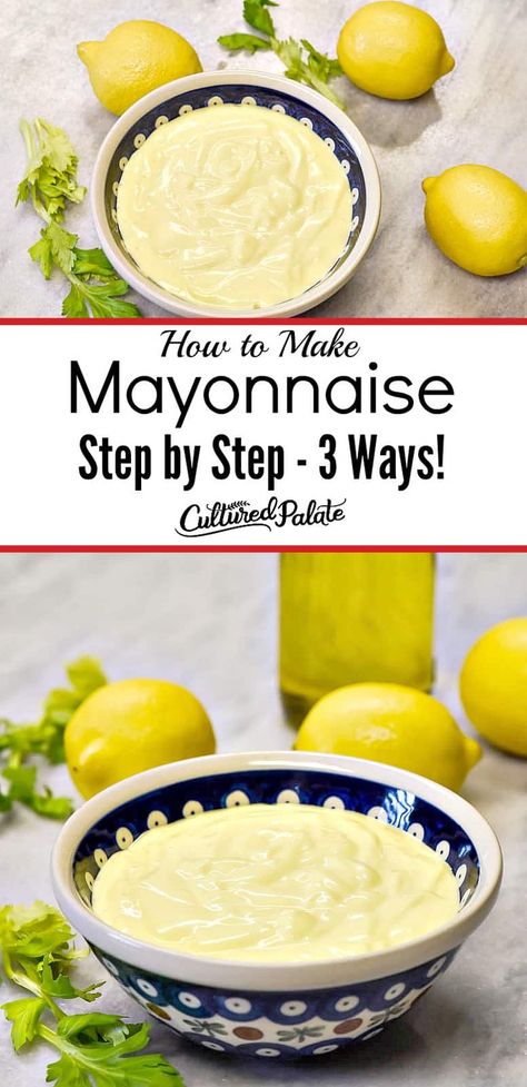 My Homemade Mayonnaise Recipe is easy to make! Learn how to make mayonnaise with 3 methods. #myculturedpalate #mayonnaise #recipe #recipevideo #homemademayonnaise #gaps #keto Blender Mayonnaise Recipe, Easy Mayonnaise Recipe, Healthy Sauce Recipes, Make Mayonnaise, Healthy Dressing Recipes, Homemade Mayonnaise Recipe, Baking Mix Recipes, How To Make Mayonnaise, Blender Food