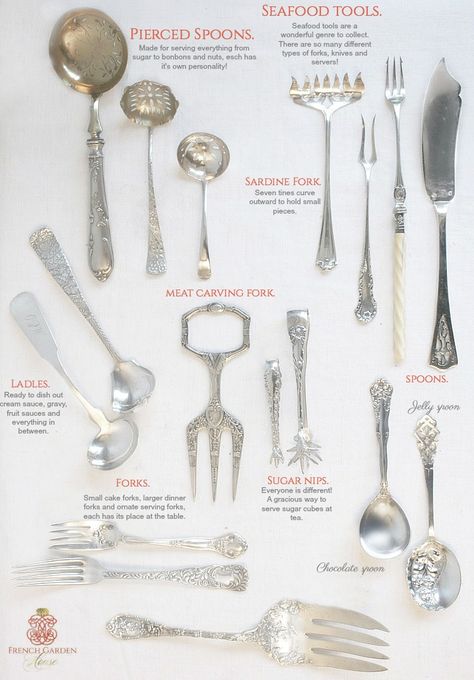 Vintage Silverware Patterns Sterling Silver Flatware, French Country Silverware, Antique Silverware Vintage Cutlery, Table Setting Etiquette, Antique Knowledge, Antique Flatware, Flatware Patterns, Dining Etiquette, Silverware Crafts