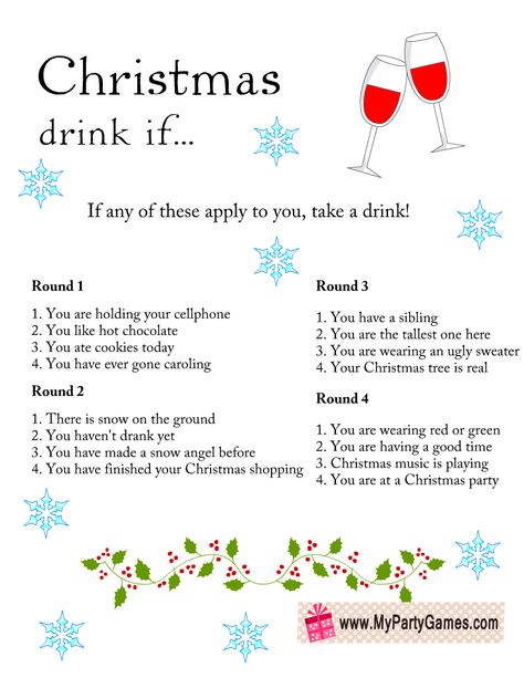 Free Printable Christmas Drink If Game for Adults Adult Drinks For Christmas Party, Christmas Games For Adults Free, Friendmas Party Games For Adults, Christmas Games Printable For Adults, Drinking Games For Christmas Parties, Free Adult Christmas Games, Company Christmas Party Games For Adults, Friendmas Game Ideas, Adult Christmas Games Drinking