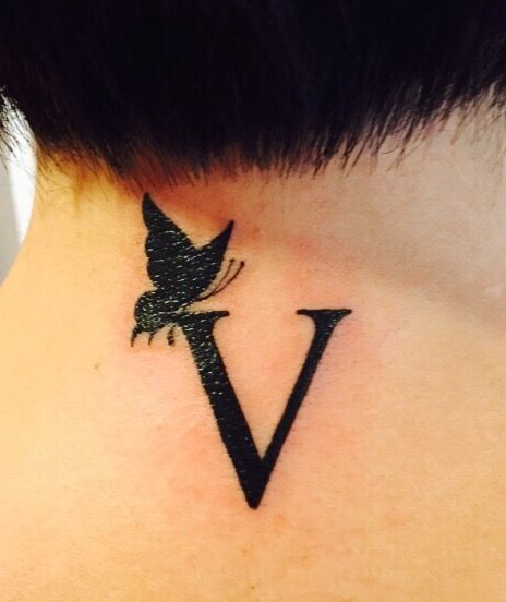 V initial with butterfly silhouette tattoo Butterfly Silhouette Tattoo, V Tattoo Letter Design, V Letter Tattoo, Name Tattoo On Hand, Ring Tattoo Designs, V Initial, Silhouette Tattoo, V Tattoo, Small Girly Tattoos