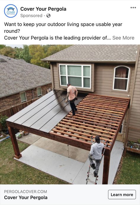 Patio Covering Attached To House, Pergolas With Roofs, Cover Your Pergola, Pergola Top Ideas, Covered Outdoor Space, Outdoor Roofing Ideas, Roof For Pergola, Overhang Roof Ideas, Patio Roof Ideas Attached To House