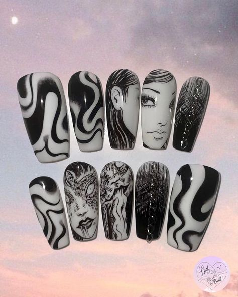 Junji Ito Tomie, Nails Japanese, Sailor Moon Nails, Nail Drawing, Moon Nails, Gothic Nails, Anime Nails, Edgy Nails, Goth Nails