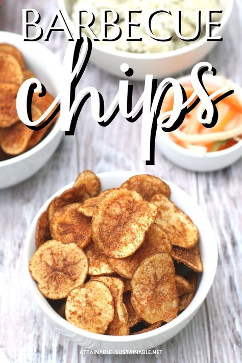 Have you ever considered making your own chips? This recipe for homemade BBQ potato chips knocks the store bought versions out of the park. Serve them up with burgers or your favorite sandwich. #recipes #snacks Bbq Potato Chips, Barbecue Chips, Bbq Chips, Bbq Potatoes, How To Make Bbq, Real Food Snacks, Homemade Barbecue, Easy To Make Snacks, Homemade Pantry