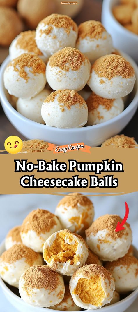 Enjoy the flavors of fall without the fuss with No-Bake Pumpkin Cheesecake Balls. These delightful treats feature a creamy pumpkin spice cheesecake filling coated in crumbled graham crackers for a crunchy finish. They are perfect for festive gatherings or as a sweet snack on a cool autumn day. #PumpkinCheesecake #NoBakeDessert #FallTreats No Bake Pumpkin Cheesecake Balls, Pumpkin Spice Cheesecake Bites, Pumpkin Cheesecake Balls, No Bake Cheesecake Bites, Pumpkin Cheesecake Bites, Dessert Balls, Spice Cheesecake, Cheesecake Balls, Holiday Recipes Thanksgiving