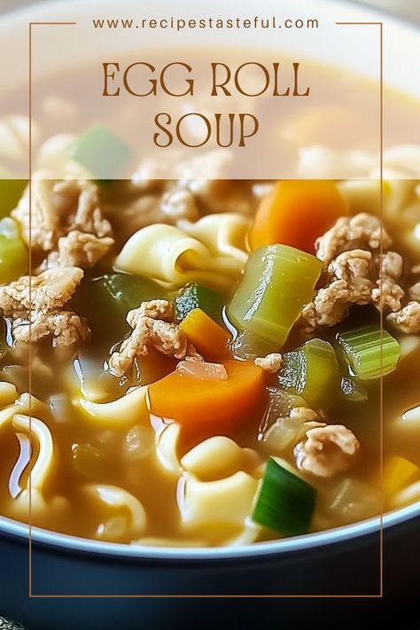 A comforting and hearty Egg Roll Soup that captures the flavors of your favorite egg rolls in a warm, savory broth. This quick and easy recipe combines ground beef, fresh vegetables, and a deliciously spiced broth for a satisfying meal. Egg Roll Soup Recipe, Egg Roll Soup, Pork Egg Rolls, Crockpot Soup, Crockpot Soup Recipes, Crock Pot Soup, Egg Roll, Bowl Of Soup, Egg Rolls