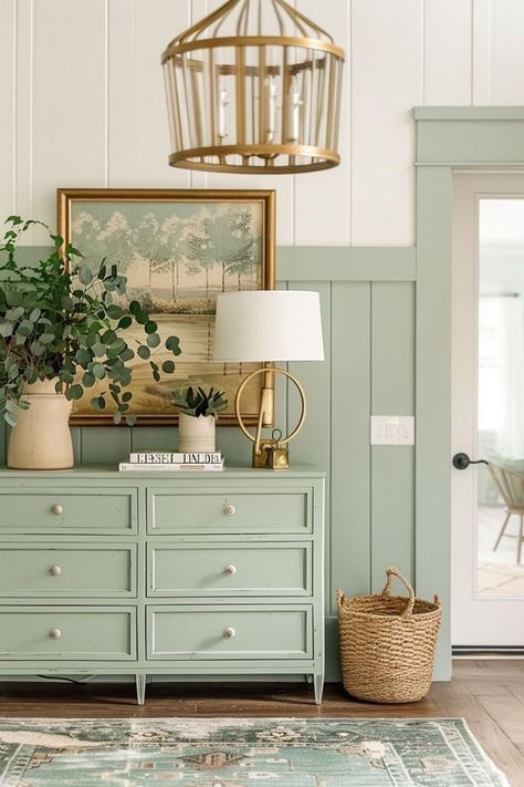 Green Trim Interior, Sage Green Office, Sage Green House, Green Entryway, Room Schemes, Sage Kitchen, Light Green Walls, Color Combinations Home, Redecorating Ideas