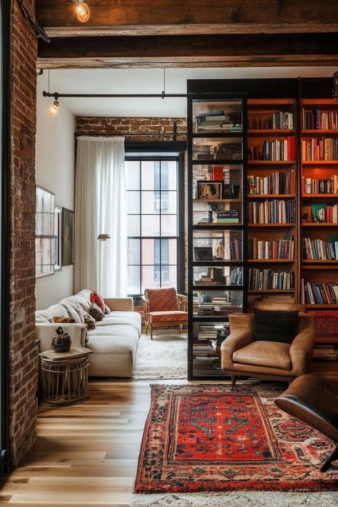 Divide your small home’s open layout with clever room dividers. Use bookcases, curtains, or sliding panels to create separate zones without sacrificing space. 🚪✨📚 #SmallSpaceLiving #RoomDividers #HomeDecor #OpenLayouts Divide A Room With Bookcases, Room Separator Shelves, Bookcase Divider Living Room, Living Room Office Separation, Open Bookcase Wall, Sofa As Room Divider, Sliding Dividers For Rooms, Window Separating Rooms, Partial Room Divider