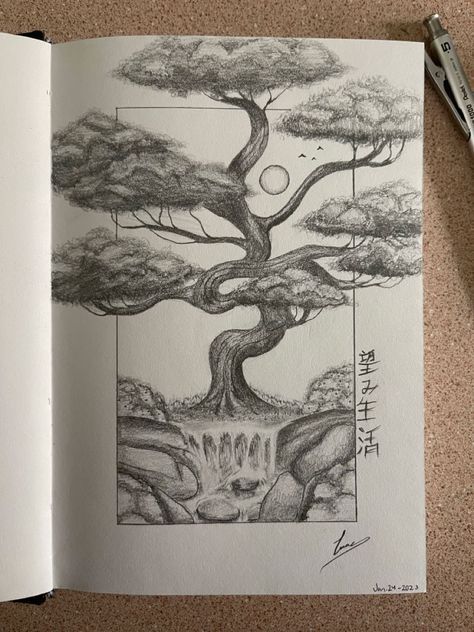 Japanese Drawings Pencil, Sketchbook Art Inspiration Nature, Art Ideas Scetch, Line Art Landscape Drawings, Nature Drawings Landscapes, Pretty Pencil Drawings, Art Sketches Landscape, Nature Art Drawings Creative, Bonsai Art Drawing