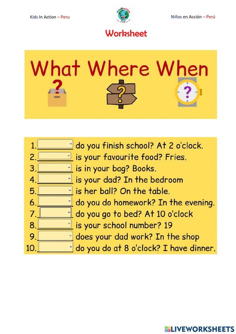 What When Where Worksheet, When Worksheet, Where Worksheet, Teaching Vowels, English Grammar Exercises, Grammar For Kids, Grammar Exercises, English Exercises, Teaching English Grammar