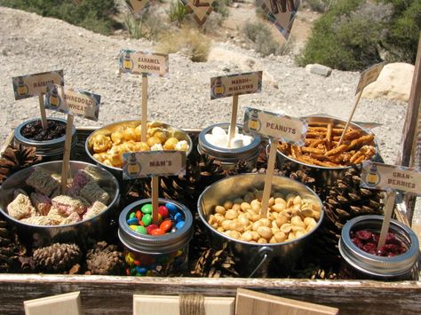 Trail Mix Station | would be a great idea for camping or for an event #scouts #snacks Trail Mix Bars, Kids Camping Party, Hiking Birthday, Hiking Party, Petite Cakes, Trail Mix Bar, Sheriff Callie Birthday, Bigfoot Birthday, Father's Day Party