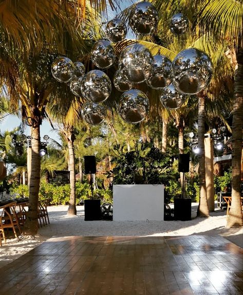 Disco Engagement Party Ideas, Disco Ball Beach Wedding, Ocean Wedding Reception, Beach Disco Wedding, Eclectic Beach Wedding, Disco Beach Party, Beach Wedding Dance Floor, Dancefloor Wedding Ideas, Tropical Disco Party