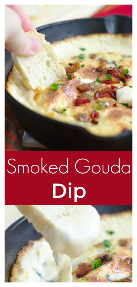 Smoked Gouda Dip – A quick and easy dip recipe perfect for a party. Smoked gouda, cream cheese, spinach, and bacon baked together and served with baguette. #dip #appetizer #easyappetizer #recipe #easyrecipe #gouda #cheese #tailgating Gouda Dip, Hor Dourves, Spinach And Bacon, Cream Cheese Spinach, Appetizers Easy Dips, Easy Dip, Cheese Spinach, Soup Appetizers, Easy Dips