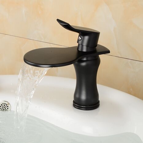 Bathroom White Sink, Black And Bronze Bathroom, Bathroom Sink Faucets Waterfall, Black Faucet Bathroom, Black Bathroom Sink, Waterfall Taps, Bathroom Shower Faucets, Waterfall Bathroom, Bathroom Faucets Waterfall