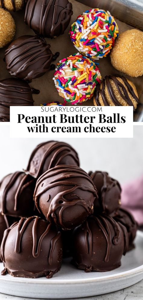 Discover our foolproof recipe for 3-ingredient, no-bake Peanut Butter Balls. Made with creamy peanut butter, cream cheese, and sugar, these treats are easy to make and delightfully luscious. The best part? The topping options are endless. Let your creativity shine as you adorn these bite-sized goodies for an irresistible, customizable dessert experience. Cream Cheese And Peanut Butter Recipes, Peanut Butter Balls With Cream Cheese, Peanut Butter Cream Cheese Balls, Cream Cheese Peanut Butter Balls, Peanut Butter Cheese Ball Recipe, Easy Cheese Ball 3 Ingredients, Easy Cream Cheese Recipes, Cream Cheese Balls, Cream Cheese Balls Recipe