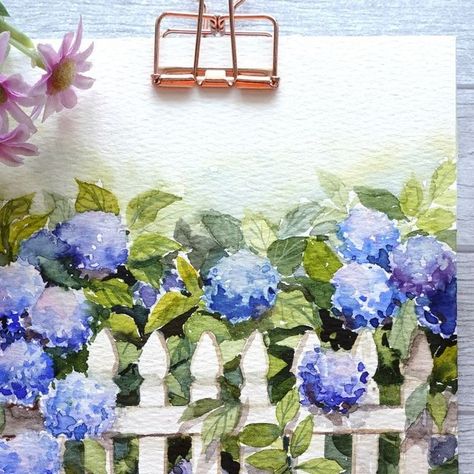 Hydrangea Watercolor Step By Step, Hydrangea Painting Watercolors, Nianiani Watercolor, Hortensia Watercolor, Picket Fence Painting, Blue Hydrangea Painting, Hydrangea Watercolor Painting, Watercolour Hydrangea, Mom Painting