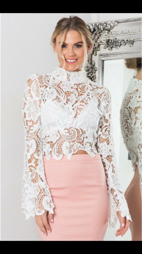 White Lace Outfit, Lace Blouse Styles, Long Sleeve Outfits, Fashion Tops Blouse, Jumpsuit Elegant, Lace Outfit, Lace Top Long Sleeve, Classy Work Outfits, Lace Crop Tops