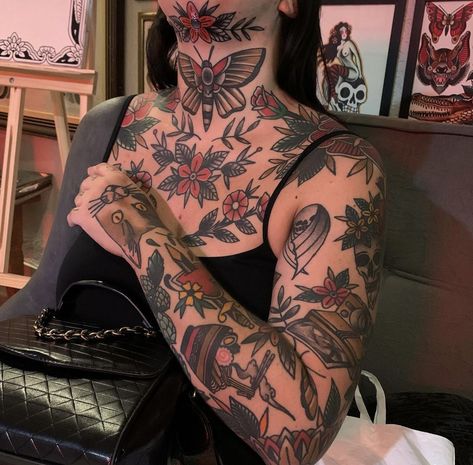 Neck Tattoos American Traditional, American Traditional Back Of Neck Tattoo, Women’s Traditional Chest Tattoo, Neck Tattoos Women Traditional, Traditional Tattoos On Women, Trad Shoulder Tattoo, Shoulder Tattoos Traditional, Neck Tattoos Traditional, American Traditional Rib Tattoo