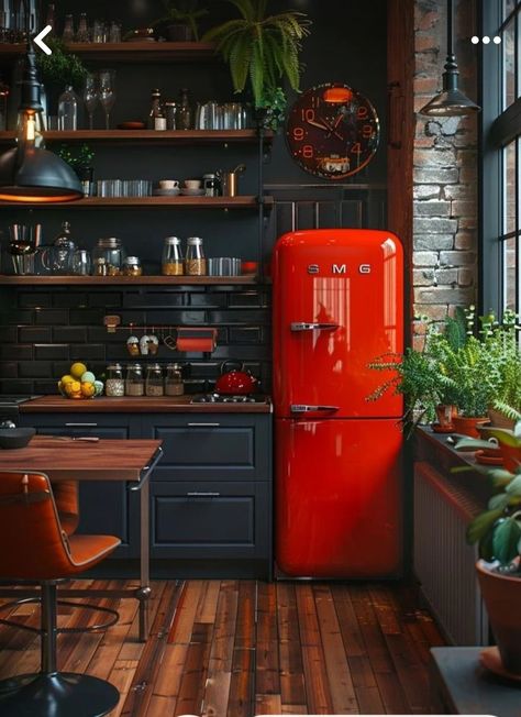 Kitchen With Smeg Fridge, Mid Century Cottage Kitchen, Red Kitchen Interior, Retro Moody Aesthetic, Red Fridge Kitchen Design, Kitchen Design Eclectic, Retro Kitchen Aesthetic, Retro Fridge Kitchen, Unique House Ideas