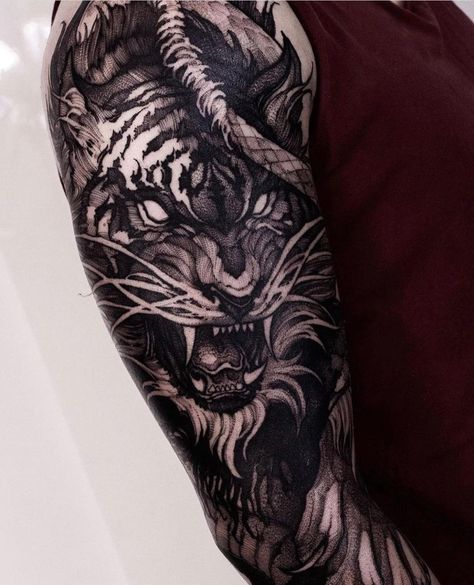 Roar Tattoo, Shoulder Cover Up Tattoos, Polka Tattoo Designs, Forearm Cover Up Tattoos, Trash Polka Tattoos, Trash Polka Tattoo Designs, Japanese Tiger Tattoo, Japanese Tattoos For Men, Tiger Tattoo Sleeve