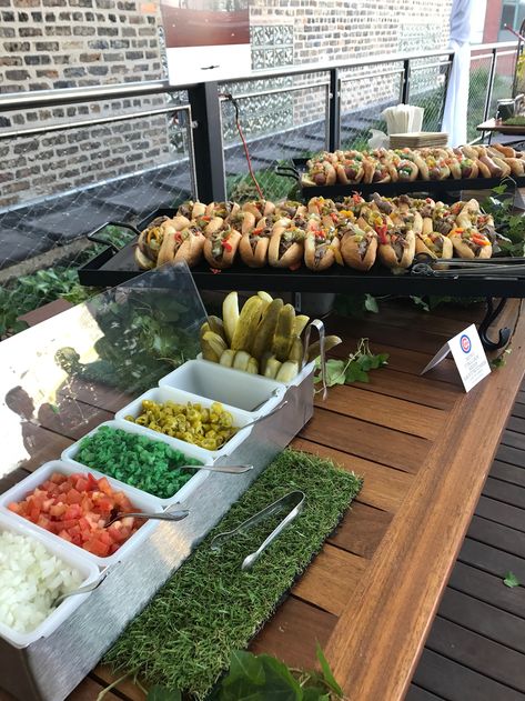 Kosher hot dog bar   #sportsthemedparty #mitzvah Hot Dog Station Food Bars, Chili Dog Buffet Bar Ideas, Bonfire Hot Dog Bar, Burger Hot Dog Bar Party Ideas, Hot Dog Station Ideas, Fancy Hot Dog Bar, Hot Dog Burger Bar, Hot Dog Stand Party, Hamburger And Hot Dog Bar Ideas