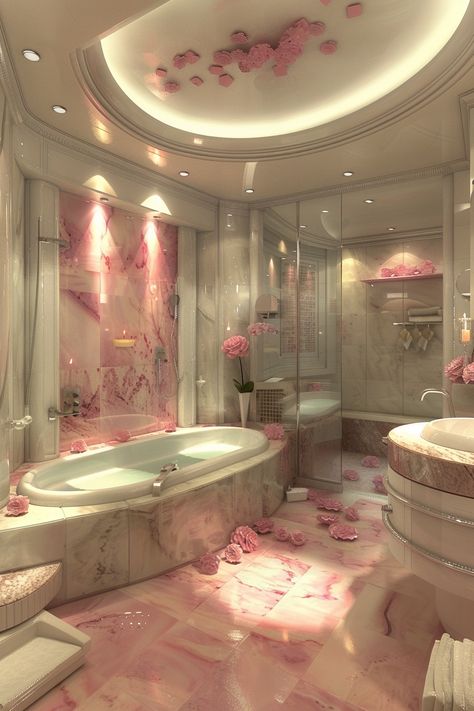 Cool Bathroom Aesthetic, Cute Bathroom Design, Princess Bathroom Ideas, Fancy Bathroom Ideas, Aesthetic Flooring, Greek Bathroom, Cute Pink House, Castle Bathroom, Bathtub Room