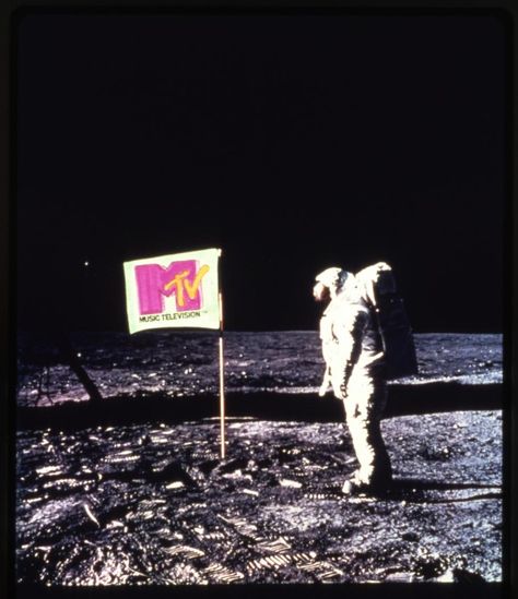 Mtv Astronaut, Rally Poster, Astronaut Standing, Space Age Aesthetic, Mtv Logo, Apollo 11 Mission, Buzz Aldrin, Promotion Strategy, Visual Metaphor