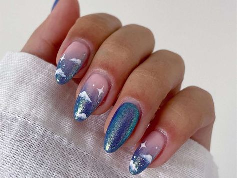 Sky Inspired Nails, Niall Horan Nails Ideas, Niall Horan Nails Designs, Niall Horan Inspired Nails, Blue Birthday Nails, 1d Nails, Nail Polish Ideas Easy, Cloud Nails, Opal Nails