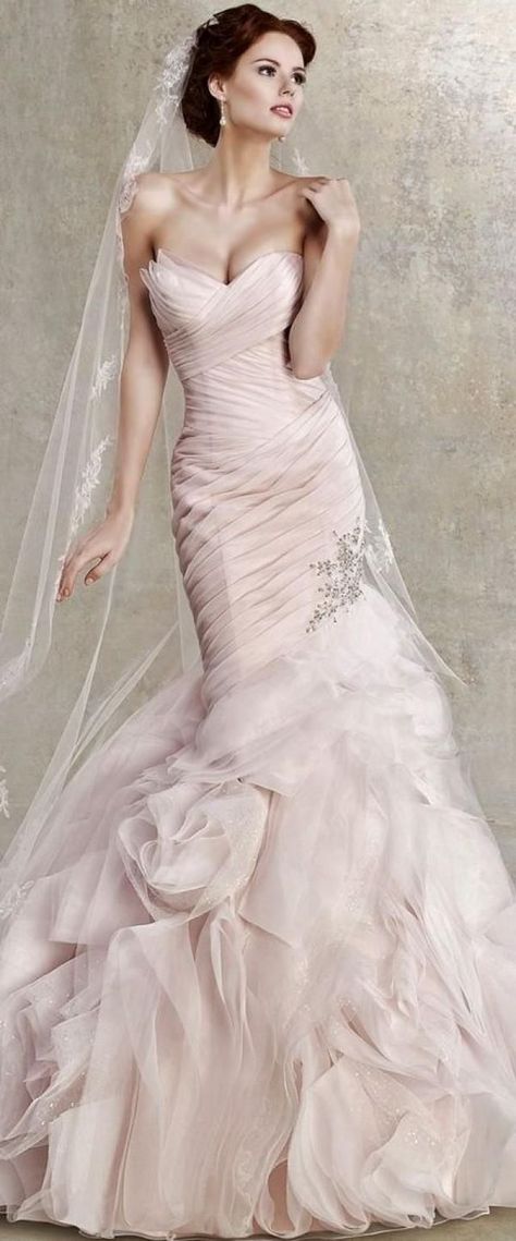 mermaid wedding dress in blush pink color with beautiful ruffles  #romantic #trendy #blush #pink #wedding #dress Kitty Chen, Blush Wedding Gown, Blush Pink Wedding Dress, Blush Gown, Pink Wedding Dress, Pink Wedding Dresses, Beautiful Wedding Gowns, Used Wedding Dresses, A Wedding Dress