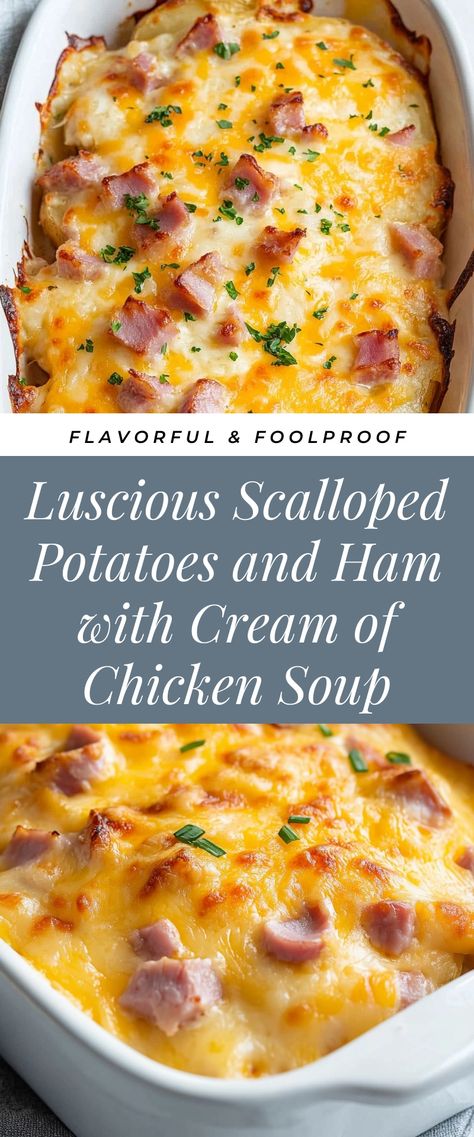 Image for Luscious Scalloped Potatoes and Ham with Cream of Chicken Soup Cream Of Chicken Scalloped Potatoes, Cream Of Chicken Potatoes, Scalloped Potatoes And Ham Recipes, Scalloped Potatoes With Cream Of Chicken, Creamy Scalloped Potatoes And Ham, Scalloped Potatoes With Cream Of Chicken Soup, Scalloped Potatoes With Cream Mushroom, Scalloped Potatoes With Cream Of Mushroom Soup, Scalloped Potatoes And Ham Casserole