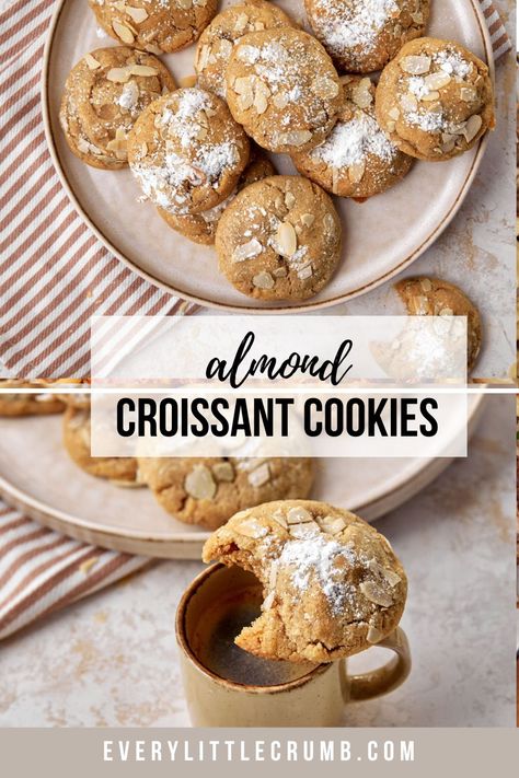 Almond Croissant Cookies Almond Croissant Cookies, Chewy Almond Cookies, Cookies Made With Almond Flour, Crumb Recipe, Breakfast Sides, Almond Croissant, Almond Cookies, Chewy Cookie, Yummy Eats