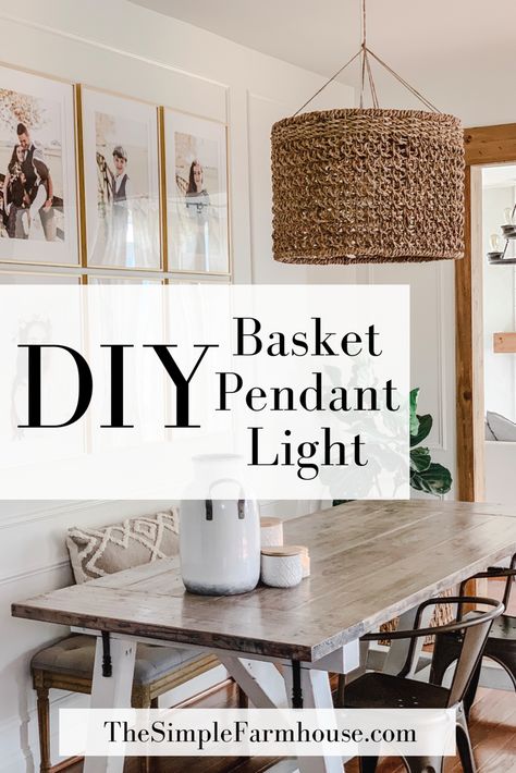 Diy Cane Light Shade, Basket As Light Fixture, Diy Farmhouse Lampshade, Basket Over Light Fixture, Diy Rope Pendant Light Shade, Diy Kitchen Chandelier, Diy Dining Light Fixture, Basket Light Fixture Diy, Diy Basket Light