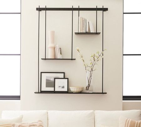 Temple Street Hanging Wall Shelf | Pottery Barn Canada Shelf Decoration Ideas, Hanging Shelf Decor, Modern Bedroom Wardrobe, Hanging Wall Shelf, Black Wall Shelves, Wall Shelves Living Room, Shelf Decor Living Room, Bedroom Cupboard, Mt Shasta