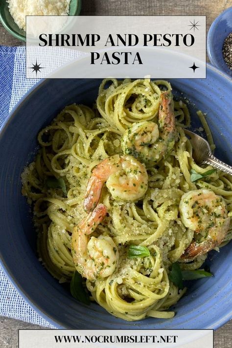 Shrimp and Pesto Pasta Pesto Shrimp Fettuccine, Pesto With Shrimp And Pasta, Shrimp And Pesto Pasta, Shrimp Pesto Pasta Recipes, Pesto Pasta Shrimp, Pesto Fettucini, Simple Shrimp Pasta, Pesto Pasta With Shrimp, Shrimp And Pesto