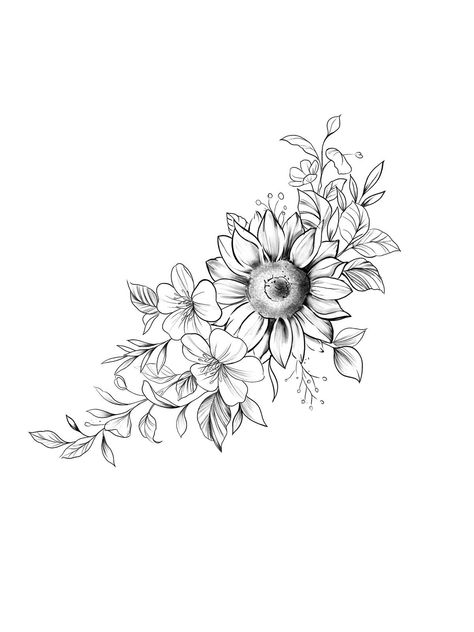 Sunflower Floral Tattoo Design, Sunflower Hip Tattoos Women, Thigh Tattoos Floral, Tattoos Upper Thigh, Thigh Hip Tattoo Women Unique, Flower Cluster Tattoo, Sunflower Thigh Tattoo, Unique Sunflower Tattoos For Women, Tattoos Women Thigh